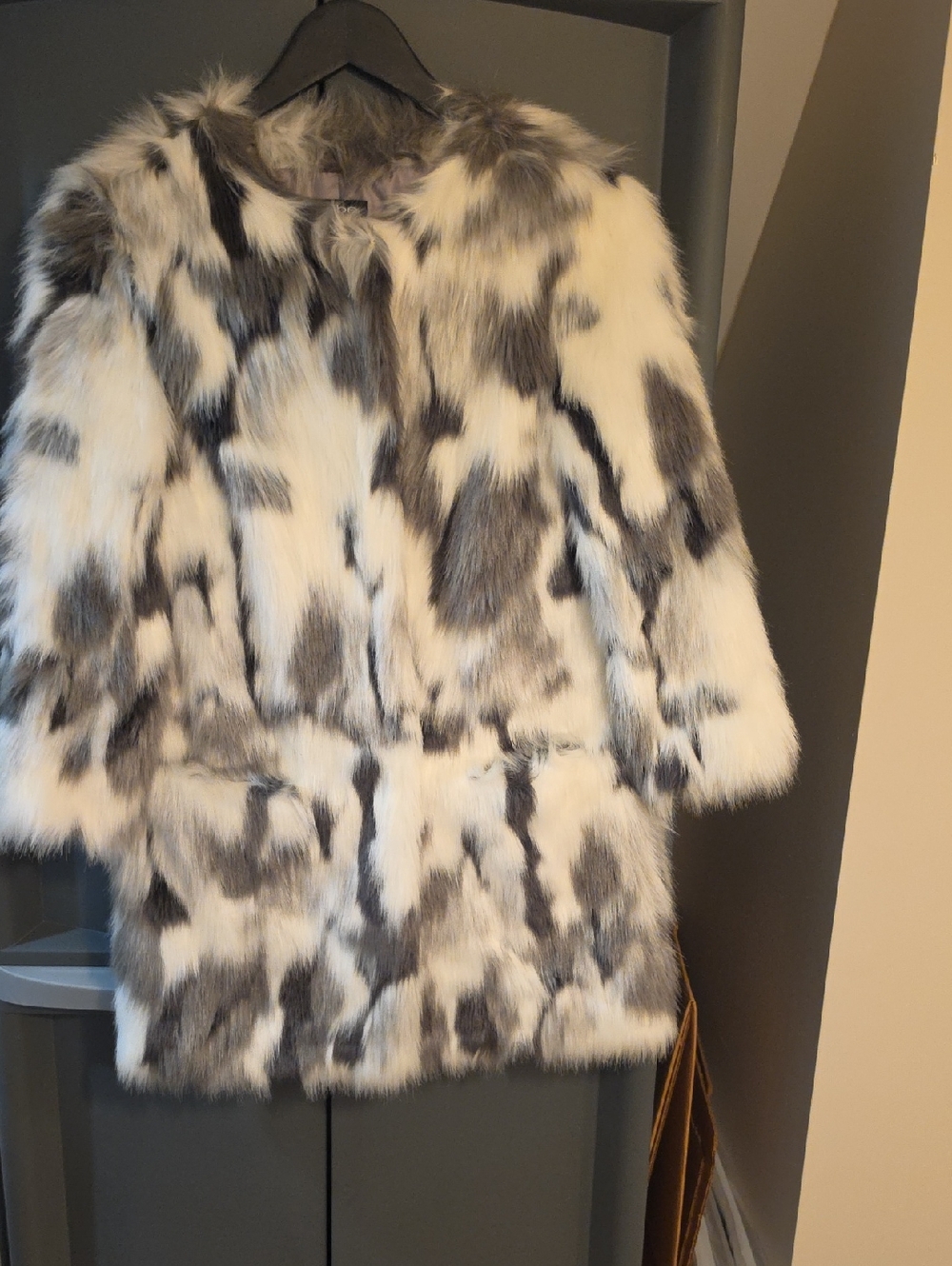 bebe Faux Fur Patchwork Teddy Jacket in White and Gray